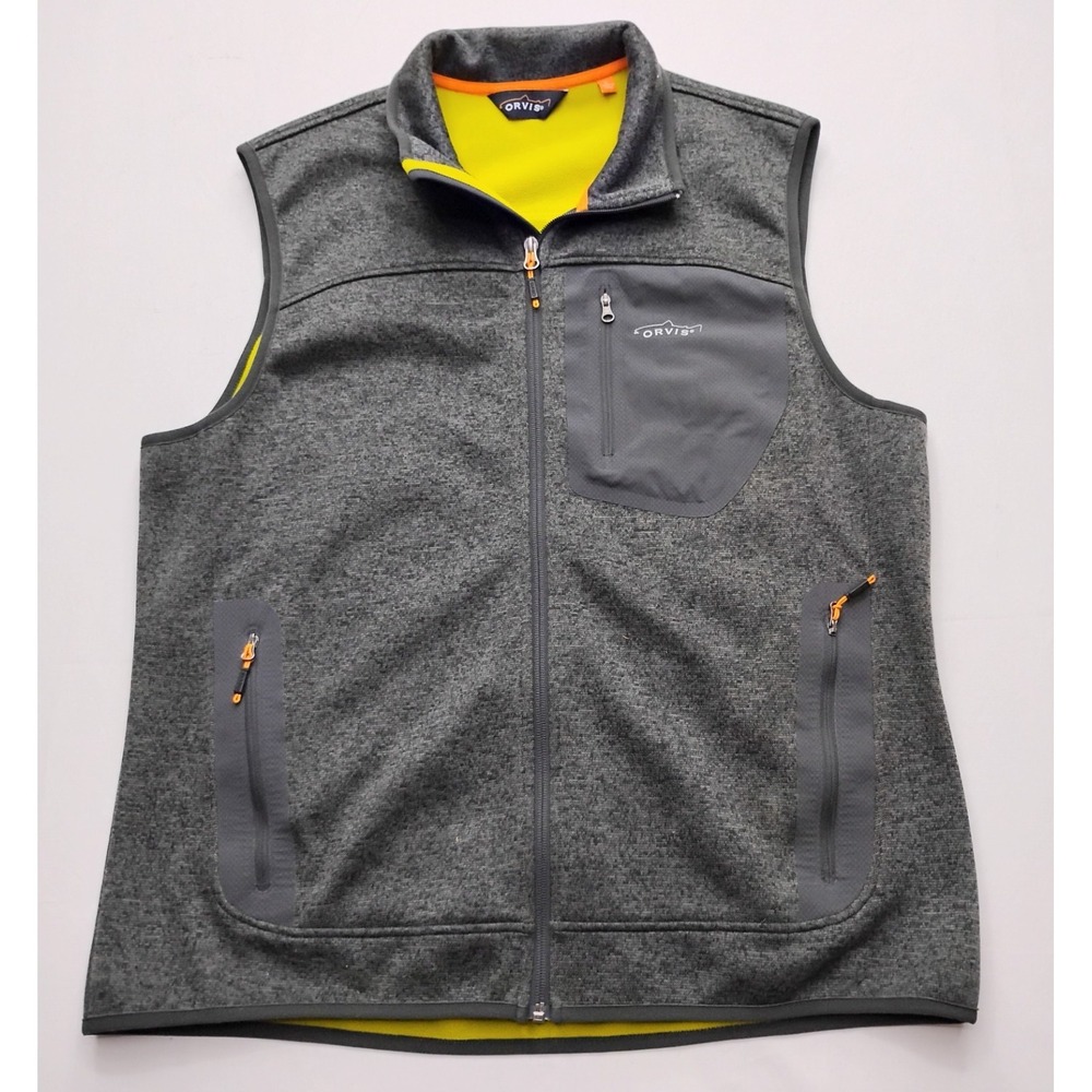 Orvis Fleece Vest Mens Large Full Zip Heather Gray Lime Green